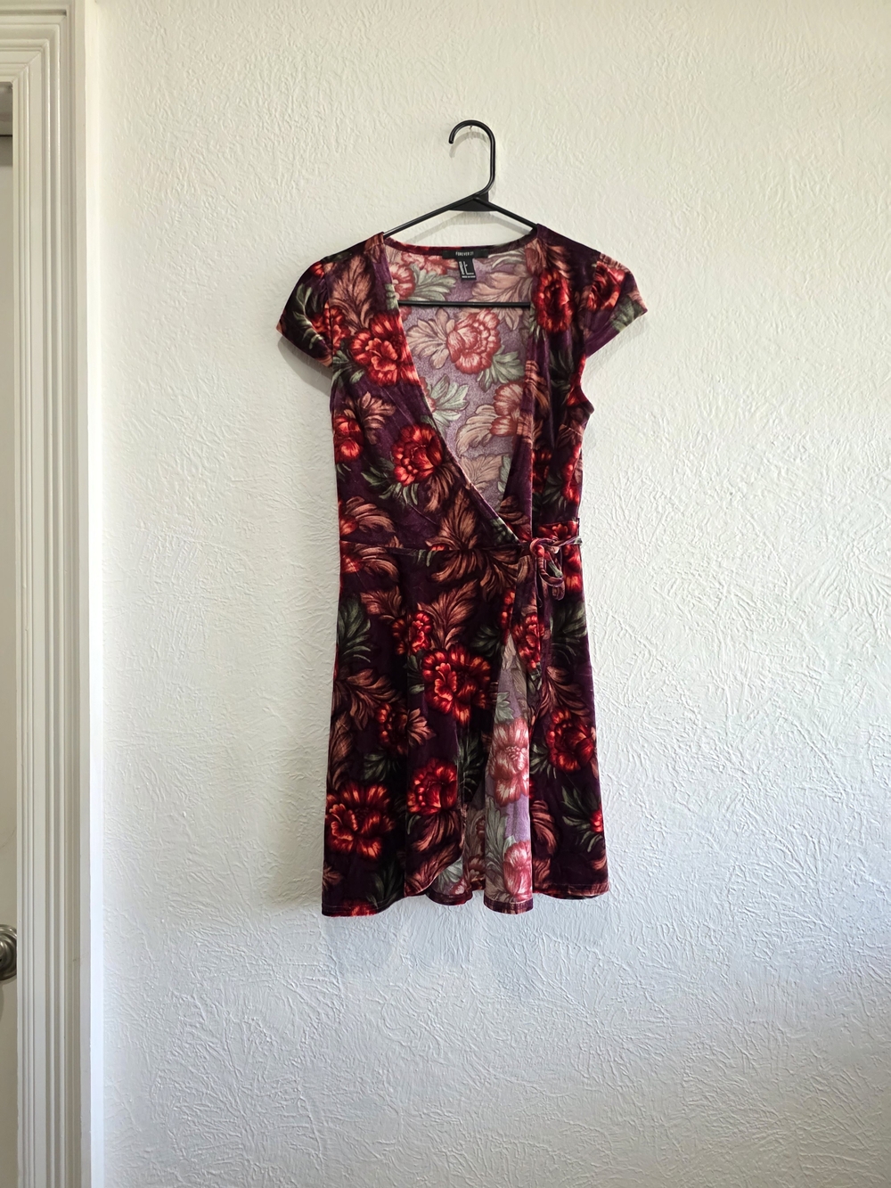 Forever 21 Burgundy Velvety Floral Wrap Dress with Red Blooms